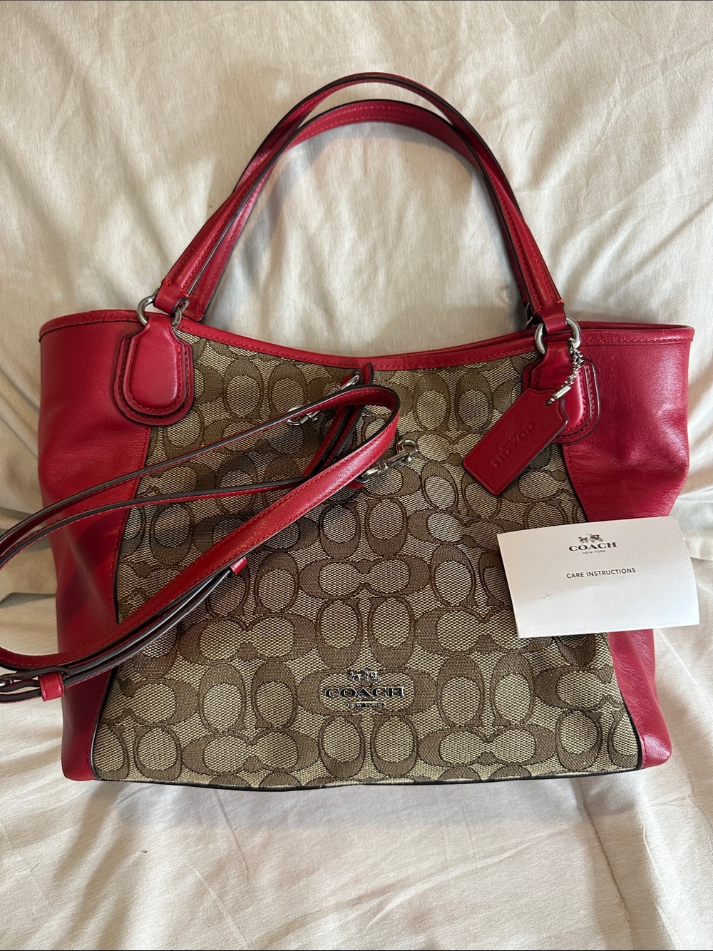 Coach Brown Signature Canvas Tote with Red Leather Trim
